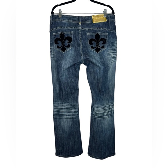 Beyonce's Dereon Embellished Velour Low Rise Flare Dark Distressed Jeans Size 16 - Picture 6 of 16
